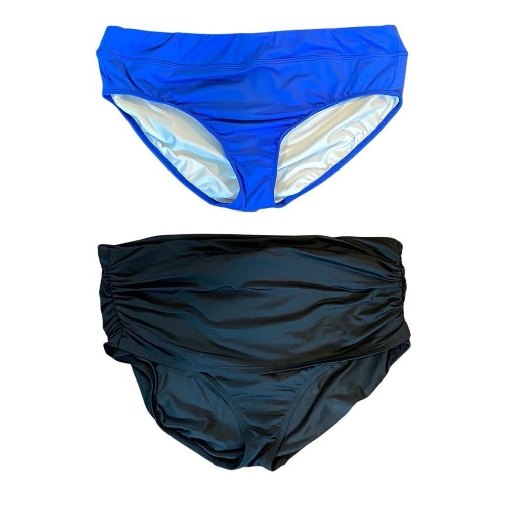 Set of 2 Land's End Womens Ruched Bikini Bottoms Swimwear Blue Black Size 18